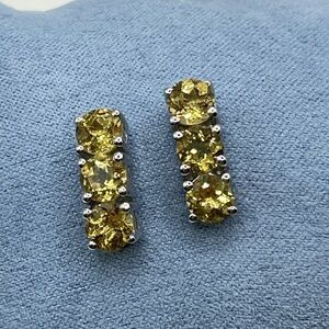 Sterling Silver 925 Yellow Gemstone Stud Earrings. 3 Gemstones Prong Set